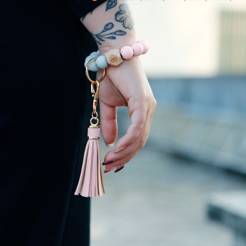 Wholesale Silicone Wrist Handmade Beaded Leather Tassel Bracelet Keychains